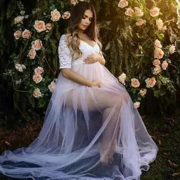 Платье макси, красивое, с половиной рукавом, дышащее, с разрезом, чистая пряжа, подол, одежда для беременных, фотостудии M белый