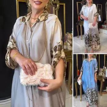 Платье макси Lady Spring с леопардовым принтом, длинными рукавами и запонкой, свободное, однобортное S синий