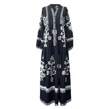 Платье макси Lady Spring с V-образным вырезом в стиле ретро с контрастным цветным принтом и длинными рукавами, свободное однобортное платье А-силуэта в стиле пэчворк, повседневное платье S чёрный