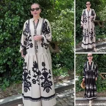 Платье макси Lady Spring с V-образным вырезом в стиле ретро с контрастным цветным принтом и длинными рукавами, свободное S белый