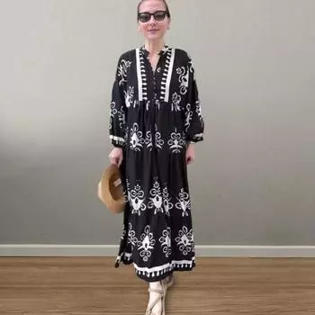 Платье макси Lady Spring с V-образным вырезом и принтом в стиле ретро с контрастным цветом, длинное S белый