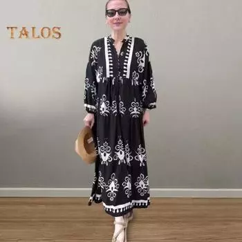 Платье макси Lady Spring с V-образным вырезом в стиле ретро с контрастным цветным принтом и длинными рукавами, свободное однобортное платье А-силуэта в стиле пэчворк, повседневное платье S белый