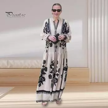 Платье макси Lady Spring с V-образным вырезом в стиле ретро с контрастным цветным принтом и длинными рукавами, свободное однобортное платье А-силуэта в стиле пэчворк, повседневное платье S чёрный