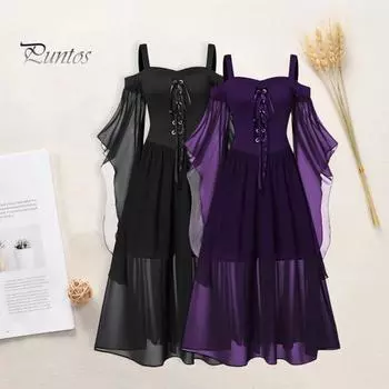 Платье макси на Хэллоуин, женское платье эпохи Возрождения, винтажное шифоновое длинное платье с открытыми плечами, квадратный вырез, трапециевидный силуэт, костюм с ремешками для праздничных случаев M зелёный