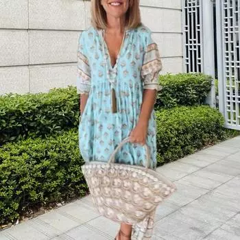 Платье макси на лето и весну с V-образным вырезом, в стиле бохо, с рукавами-фонариками, с А-силуэтом, с большой складкой и высокой талией, с принтом S розовый