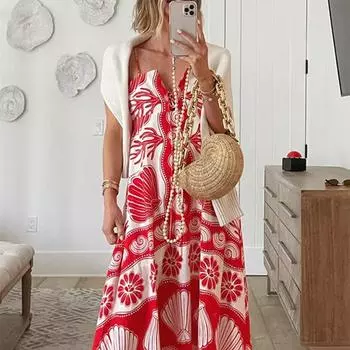 Платье макси на подтяжках с принтом, женское элегантное красное длинное платье без рукавов, женские повседневные летние пляжные халаты S красный