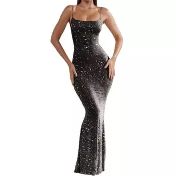 Платье макси на тонких бретельках с ярким ромбовидным узором, элегантное стильное длинное коктейльное платье для клуба XL чёрный