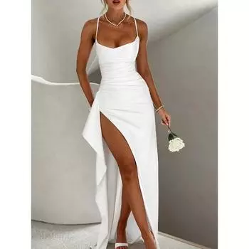 Платье макси на тонких бретельках с высоким разрезом, сексуальное, женское, элегантное, из атласа, без рукавов, с открытой спиной, для клуба S чёрный