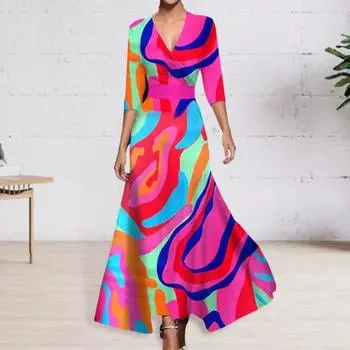 Платье макси осень-весна с V-образным вырезом, рукавами три четверти, цветным принтом, А-силуэта, облегающего кроя XL шампанского