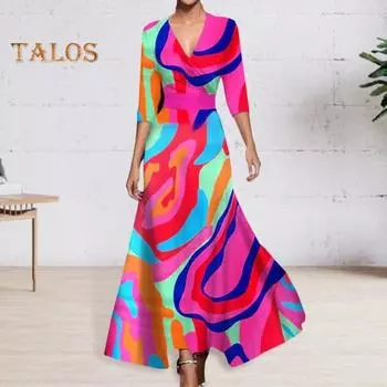 Платье макси осень-весна с V-образным вырезом, рукавами три четверти, цветным принтом, А-силуэта, с широкими качелями, с узкой талией, для свиданий, шопинга, банкета, длинное платье L шампанского