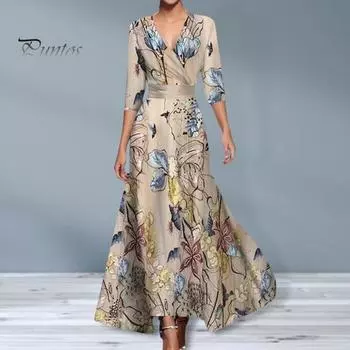 Платье макси осень-весна с V-образным вырезом, рукавами три четверти, цветным принтом, А-силуэта, с широкими качелями, с узкой талией, для свиданий, шопинга, банкета, длинное платье XXXL шампанского
