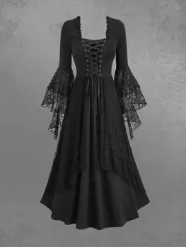 Платье-макси Rosegal Gothic Skull с кружевной накладкой и многослойными расклешенными рукавами L чёрный