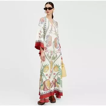 Платье макси с 3D-принтом, мусульманские женские халаты, винтажные платья с V-образным вырезом и длинными расклешенными рукавами, летние элегантные повседневные платья для вечеринок S жёлтый