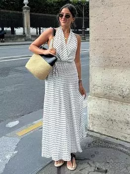 Платье макси с бретелькой в горошек, женское летнее новое тонкое платье с открытой спиной и рукавами, женское шикарное элегантное уличное платье XS белый