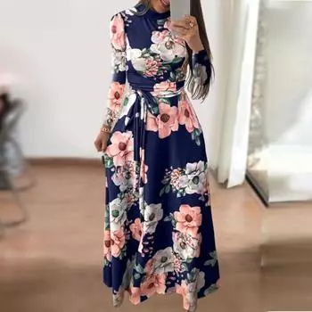 Платье макси с цветочным принтом, длинным рукавом, круглым вырезом и поясом L зелёный