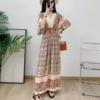 Платье макси с цветочным принтом и короткими рукавами, женские платья, эластичная талия, v-образный вырез, модные женские винтажные поплиновые богемные пляжные платья One Size бежевый