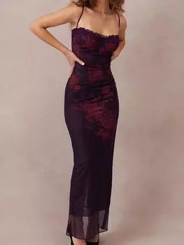Платье макси с цветочным принтом, сексуальное сетчатое вечернее платье знаменитости на бретельках, летние женские платья S фиолетовый