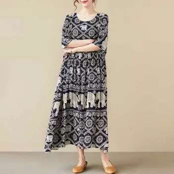 Платье макси с цветочным принтом в стиле бохо-слона для женщин, длинное платье из хлопка и льна, повседневное пляжное платье с коротким рукавом вино красного