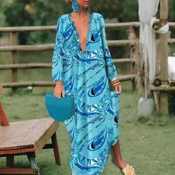 Платье макси с длинным рукавом до щиколотки, эластичное шикарное платье в стиле ретро с принтом, свободный пуловер, платье макси, женская одежда 2XL зелёный