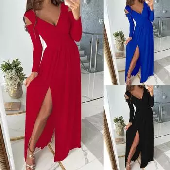 Платье макси с длинным рукавом и глубоким v-образным вырезом, плотное вечернее платье с разрезом на талии, однотонное вечернее платье для бара 2XL абрикосовый