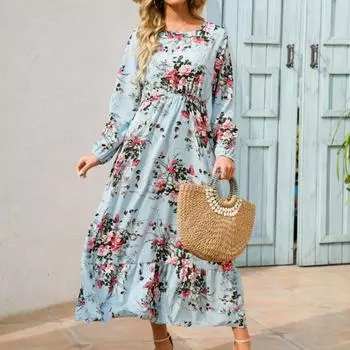 Платье макси с длинным рукавом и высокой талией. Универсальная классическая женская шифоновая уличная одежда с цветочным принтом.