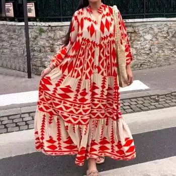 Платье макси с длинными рукавами, дышащая очаровательная повседневная женская одежда с богемным узором L зелёный