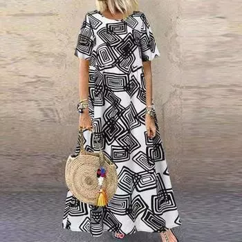 Платье макси с круглым вырезом и короткими рукавами, высокая талия, длина до щиколотки, 3D крой, богемный стиль, праздничное платье с принтом в стиле ретро, повседневная одежда XL белый