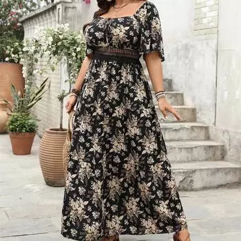 Платье макси с квадратным вырезом и цветочным принтом больших размеров для женщин, летнее, с узлом спереди, ажурное, в стиле бохо, большие платья-качели 1XL чёрный