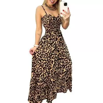 Платье макси с леопардовым принтом без рукавов на тонких бретельках с v-образным вырезом и эластичной резинкой на талии, винтажное женское платье трапециевидной формы, длиной до пола, летнее платье 3XL серый