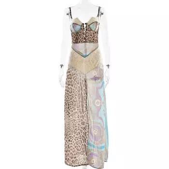 Платье макси с леопардовым принтом, кружевным разрезом, сексуальное, женское, элегантное, шифоновое, без рукавов, с открытой спиной, пляжное, вечернее S кофейный