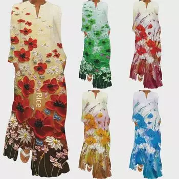 Платье макси с принтом в европейском и американском стиле с V-образным вырезом и длинными рукавами 2024 года 4XL