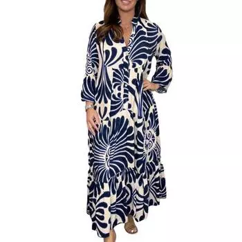 Платье макси с пуговицами и полупланкой, женское повседневное винтажное платье с v-образным вырезом и расклешенным рукавом 3/4, пляжное повседневное свободное платье в стиле бохо L зелёный