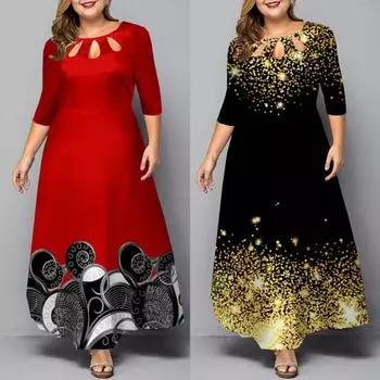 Платье макси с рукавами и принтом, свободный подол, платье трапециевидной формы с высокой талией, длинное XL чёрный