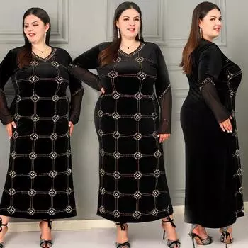 Платье макси с рукавами-трубами в клетку в ближневосточном стиле 3XL чёрный