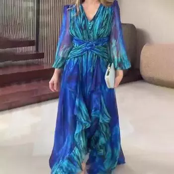 Платье макси с V-образным вырезом, рукавами-пузырями, градиентным принтом, поясом на талии и асимметричным подолом XS