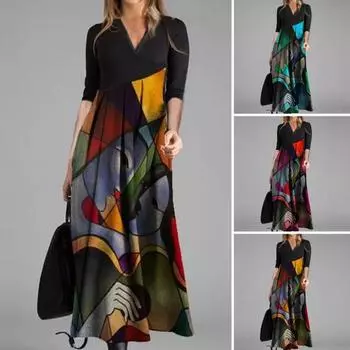 Платье макси с v-образным вырезом, шикарное элегантное удобное стильное весенне-осеннее повседневное платье с принтом, женские аксессуары