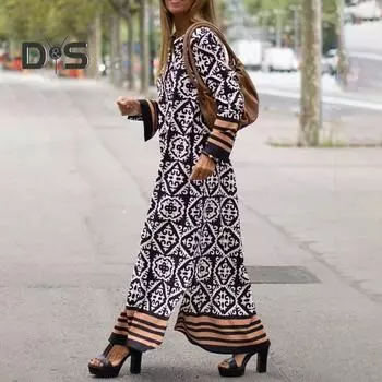 Платье макси с V-образным вырезом в стиле ретро и длинными рукавами, манжеты с цветными блоками, свободный крой, повседневный халат с разрезом по бокам, женское элегантное платье, уличная одежда L оранжевый