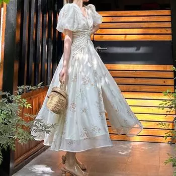 Платье макси с V-образным вырезом, отделкой бисером и цветочным принтом 2025 года во французском стиле, с утягивающей приталенной талией, элегантный и шикарный дизайн XS