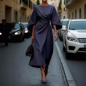 Платье макси с высокой талией, элегантное платье с круглым вырезом, рукавами «летучая мышь», длинное платье с драпировкой, офисное, для поездок на работу, однотонное, для вечеринок S хаки