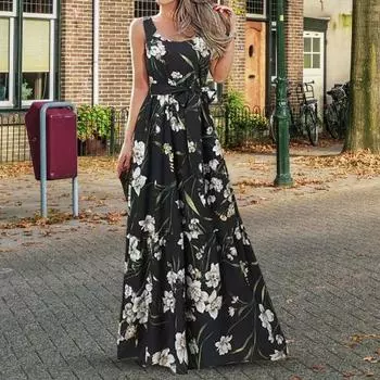 Платье макси шикарное с круглым вырезом свободное повседневное платье макси-платье с цветочным принтом женский сарафан для вечеринки M белый