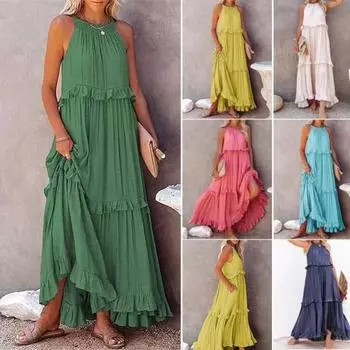 Платье макси Стильное однотонное длинное платье в стиле бохо Женское элегантное платье с открытой завязкой Элегантное платье Пляжная одежда M зелёный