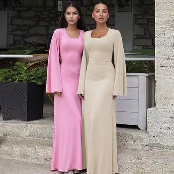 Платье макси в рубчик с круглым вырезом, женское модное тонкое свободное бандажное платье с длинными рукавами, осень 2023, однотонное женское платье, новинка S чёрный