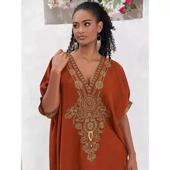 Платье макси в стиле бохо для Рамадана больших размеров, женское арабское платье-кафтан с рукавами «летучая мышь» и V-образным вырезом с геометрическим принтом One-size оранжевый