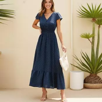 Платье макси в стиле бохо с коротким рукавом и V-образным вырезом в горошек, плиссированное, многослойное, струящееся, макси XL