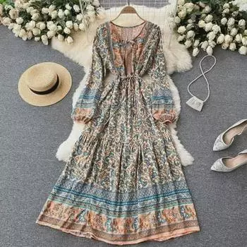 Платье макси в стиле ретро-богем с цветочным принтом и рукавами-фонариками One Size хаки