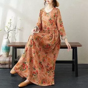 Платье макси в винтажном стиле с круглым вырезом и цветочным принтом в курортном стиле L