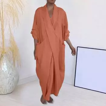 Платье макси весна-осень, мешковатое, с V-образным вырезом, однотонное, с большим карманом, в стиле ретро, А-силуэта, бохо, макси, повседневное, для вечеринок, для путешествий S