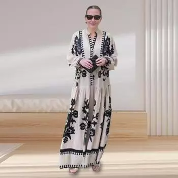 Платье макси Yousheng Lady Spring с V-образным вырезом в стиле ретро с контрастным цветным принтом и длинными рукавами, свободное однобортное платье А-силуэта в стиле пэчворк, повседневное платье S чёрный