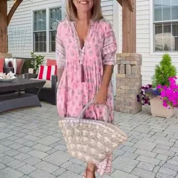 Платье макси Yousheng Summer Spring с V-образным вырезом, в стиле бохо, с рукавами-фонариками, с А-силуэтом, с большой складкой и высокой талией, с принтом S зелёный