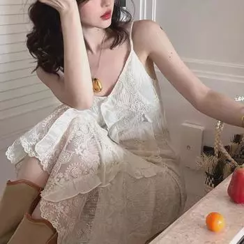 Платье MEIS French Retro с глубоким вырезом, V-образным вырезом, кружевом и подтяжками, узкая юбка миди А-силуэта с высокой талией для женщин S